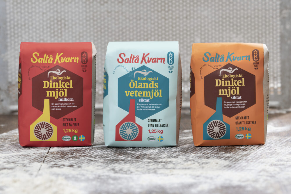 Saltå Kvarn mjölförpackningar kultursorter. Huberworld Idé och formgivning tillsammans med JK Effekt